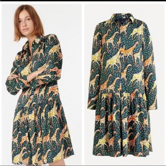 J. Crew Shirtdress in Giraffes Relaxed Fit Small Navy Blue Animal Print Boho Zoo - Picture 4 of 8
